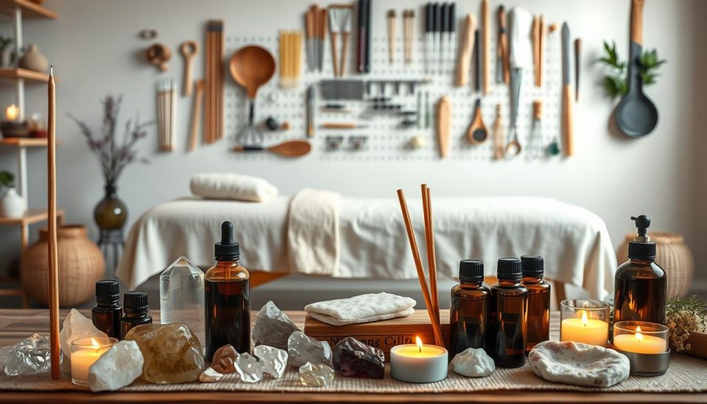 A serene and tranquil scene of various alternative therapy tools and techniques. In the foreground, an array of natural healing crystals, essential oils, and incense sticks emit a calming glow. The middle ground features a zen-inspired massage table draped with soft, organic linens. In the background, a wall-mounted display showcases an assortment of acupuncture needles, herbal remedies, and therapeutic massage implements. The lighting is soft and diffused, creating a soothing and inviting atmosphere. The overall composition conveys a sense of balance, harmony, and holistic well-being. A serene and tranquil scene of various alternative therapy tools and techniques. In the foreground, an array of natural healing crystals, essential oils, and incense sticks emit a calming glow. The middle ground features a zen-inspired massage table draped with soft, organic linens. In the background, a wall-mounted display showcases an assortment of acupuncture needles, herbal remedies, and therapeutic massage implements. The lighting is soft and diffused, creating a soothing and inviting atmosphere. The overall composition conveys a sense of balance, harmony, and holistic well-being.