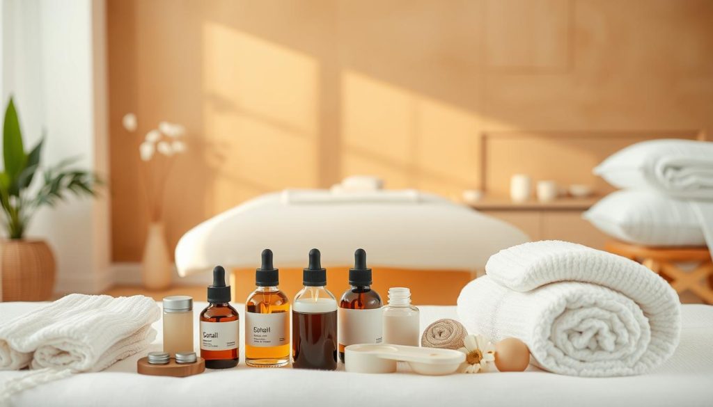 A serene and tranquil scene of various massage options, portrayed in a softly-lit, cozy environment. In the foreground, an array of massage tools and accessories, such as scented oils, towels, and plush pillows, are neatly arranged. The middle ground features a soothing, minimalist massage table, with gentle curves and a calming color palette. In the background, a warm, earthy-toned wall sets the mood, creating a sense of relaxation and rejuvenation. The overall atmosphere is one of inviting simplicity, where the focus is on the diverse and personalized massage experiences available to the viewer.