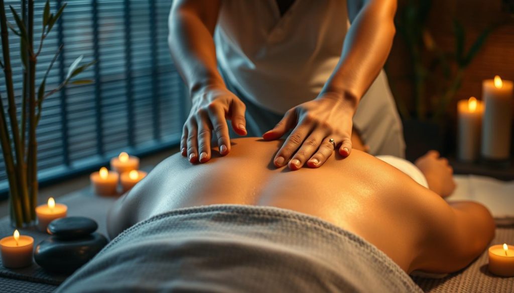A serene and tranquil spa-like setting, bathed in warm, soft lighting. A masseuse's hands expertly glide across the back of a client, applying gentle, rhythmic strokes with varying pressure and techniques. Decorative elements like bamboo, river stones, and candles set the calming, holistic atmosphere. The scene captures the nuanced differences between classic massage and the specialized, boutique-style approach, highlighting the masseuse's skill and the client's sense of relaxation and rejuvenation.