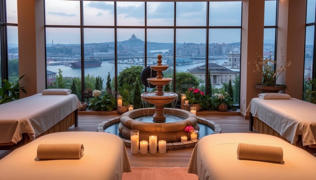A serene and tranquil spa scene set in Avcılar, featuring plush massage tables, soft lighting, and an array of relaxing aromatherapy candles. The middle ground showcases an elegant stone fountain, surrounded by lush greenery and flowers, creating a soothing ambiance. In the background, a panoramic view of the Istanbul skyline can be seen through large windows, adding to the calming atmosphere. The scene exudes a sense of rejuvenation and well-being, perfectly capturing the essence of the high-quality massage and spa services offered in this premier wellness destination.