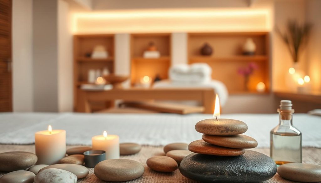 A serene and tranquil spa setting, showcasing various professional massage and relaxation techniques. The foreground features a variety of natural spa elements, such as smooth river stones, fragrant candles, and aromatic essential oils. The middle ground depicts a table with plush towels and massage tools, while the background gently blurs into a calming, minimalist interior with soft lighting and soothing colors. The overall atmosphere conveys a sense of harmony, balance, and rejuvenation, perfectly capturing the essence of professional spa and massage practices.