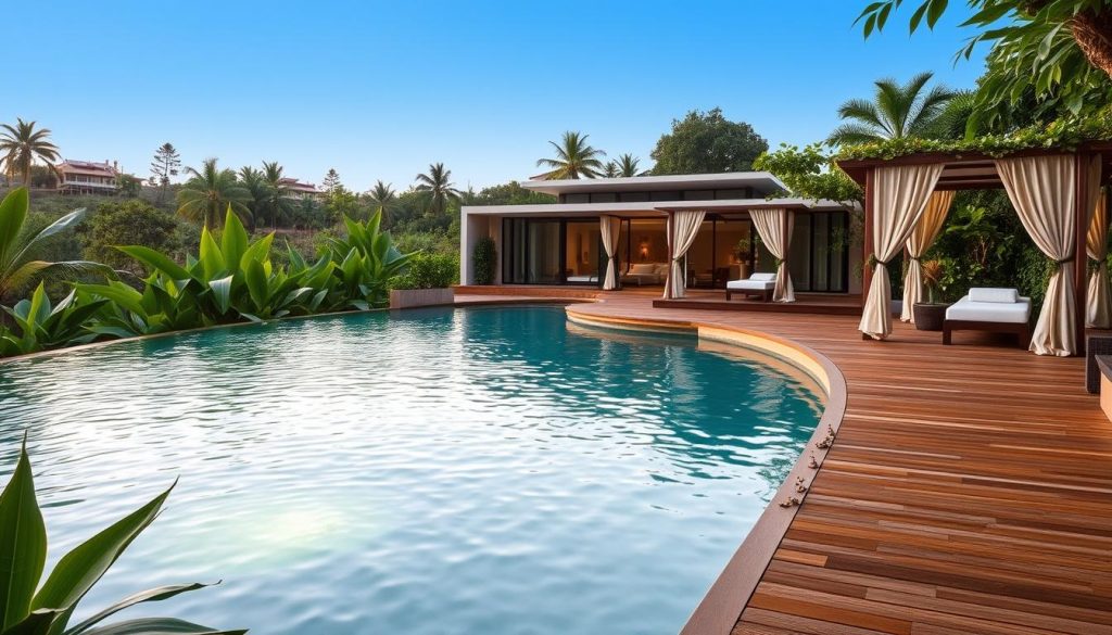 A serene and tranquil spa setting, with a soothing mix of natural elements. A large, heated pool surrounded by lush, tropical foliage, its surface gently rippling under soft, diffused lighting. Alongside, an inviting wooden deck leads to private cabanas, where clients can indulge in Bali-inspired massage treatments. In the background, a modern, minimalist spa building blends seamlessly with the natural landscape, its clean lines and glass facades reflecting the surrounding greenery. The overall atmosphere exudes a sense of relaxation and rejuvenation, perfect for the Bali massage experience. A serene and tranquil spa setting, with a soothing mix of natural elements. A large, heated pool surrounded by lush, tropical foliage, its surface gently rippling under soft, diffused lighting. Alongside, an inviting wooden deck leads to private cabanas, where clients can indulge in Bali-inspired massage treatments. In the background, a modern, minimalist spa building blends seamlessly with the natural landscape, its clean lines and glass facades reflecting the surrounding greenery. The overall atmosphere exudes a sense of relaxation and rejuvenation, perfect for the Bali massage experience.