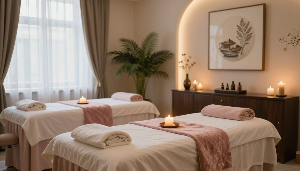 A serene and upscale massage salon interior in Istanbul, showcasing a tranquil atmosphere. In the foreground, a beautifully arranged massage table draped in soft, luxurious fabrics, accented with calming candles and aromatic oils. The middle ground features elegant decor, such as lush indoor plants and tasteful artwork, infused with warm lighting that creates a relaxing ambiance. In the background, large windows with sheer curtains allow natural light to filter in, enhancing the peaceful vibe. The overall color palette includes soft earth tones and pastel hues, evoking a sense of comfort and indulgence. Emphasize a welcoming and sophisticated mood, suitable for a high-end massage service experience. Capture the essence of luxury and relaxation without any human figures or text elements.