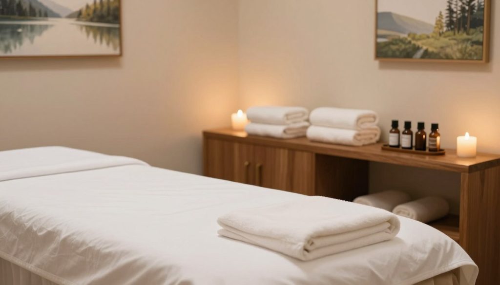 A serene and well-appointed massage therapy room emphasizing hygiene and professionalism. In the foreground, a neatly arranged massage table covered with a clean, crisp white sheet. A small selection of high-quality essential oils in elegant bottles sits on a polished wooden shelf beside the table. In the middle ground, soft, ambient lighting creates a warm atmosphere, illuminating the plush towels and aromatic candles placed artistically around the room. The background features soothing artwork on the walls, depicting tranquil nature scenes, and a soft-color palette that enhances the overall sense of relaxation. The composition captures the essence of cleanliness and care, conveying a comfortable, inviting, and professional environment. A serene and well-appointed massage therapy room emphasizing hygiene and professionalism. In the foreground, a neatly arranged massage table covered with a clean, crisp white sheet. A small selection of high-quality essential oils in elegant bottles sits on a polished wooden shelf beside the table. In the middle ground, soft, ambient lighting creates a warm atmosphere, illuminating the plush towels and aromatic candles placed artistically around the room. The background features soothing artwork on the walls, depicting tranquil nature scenes, and a soft-color palette that enhances the overall sense of relaxation. The composition captures the essence of cleanliness and care, conveying a comfortable, inviting, and professional environment.