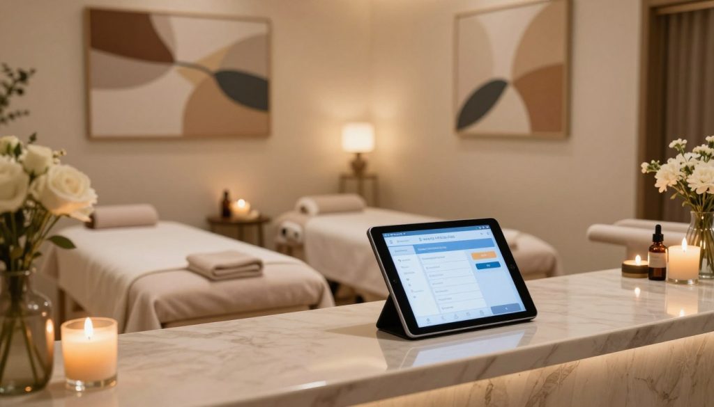 A serene appointment and reservation setting in a luxurious massage therapy studio in Istanbul. The foreground features a polished reception desk with a sleek tablet displaying the booking interface. In the middle, elegant spa decor with soft, neutral colors, plush seating, and aromatic candles creates a welcoming atmosphere. Ambient lighting gently illuminates the space, casting a warm glow. In the background, abstract artwork depicting relaxation and wellness complements the serene vibe. Include elements such as fresh flowers and essential oil bottles, evoking a sense of tranquility. The overall mood is peaceful and inviting, capturing the essence of professional massage therapy services. The image should be well-composed and immersive, with a focus on sophistication and comfort.