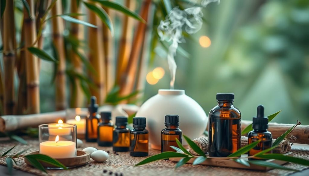 A serene aromatherapy scene featuring an array of fragrant essential oils, diffuser, and candles set against a backdrop of natural bamboo and soothing greenery. Soft, warm lighting bathes the tranquil setting, evoking a sense of relaxation and well-being. The composition emphasizes the holistic approach to wellness, showcasing the harmonious blend of natural elements that embody the essence of modern health and beauty trends. The image exudes a calming, spa-like ambiance, perfectly capturing the spirit of the 2025 massage therapy landscape.