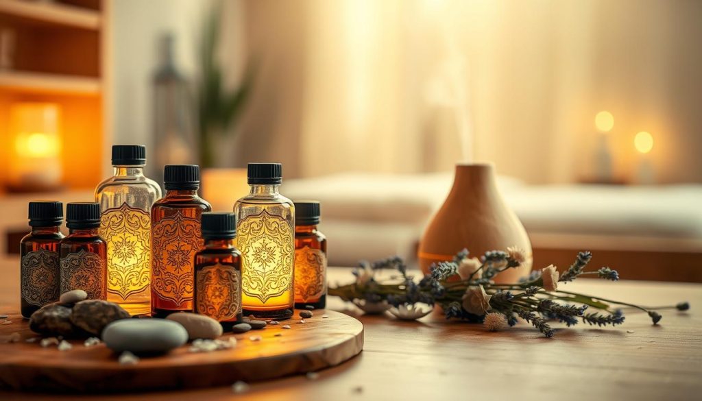 A serene aromatherapy scene featuring an elegantly arranged collection of essential oil bottles with intricate labels, softly glowing under a warm, ambient light. In the foreground, a wooden table adorned with delicate stones and dried herbs enhances the sensory experience. The middle ground includes a gently steaming essential oil diffuser releasing fragrant wisps of vapor, surrounded by aromatic flowers like lavender and chamomile. In the background, a softly blurred view of a tranquil spa room with soft, natural lighting creates a peaceful atmosphere. The overall mood is calming and inviting, with warm color tones that evoke a sense of relaxation and sensory balance.