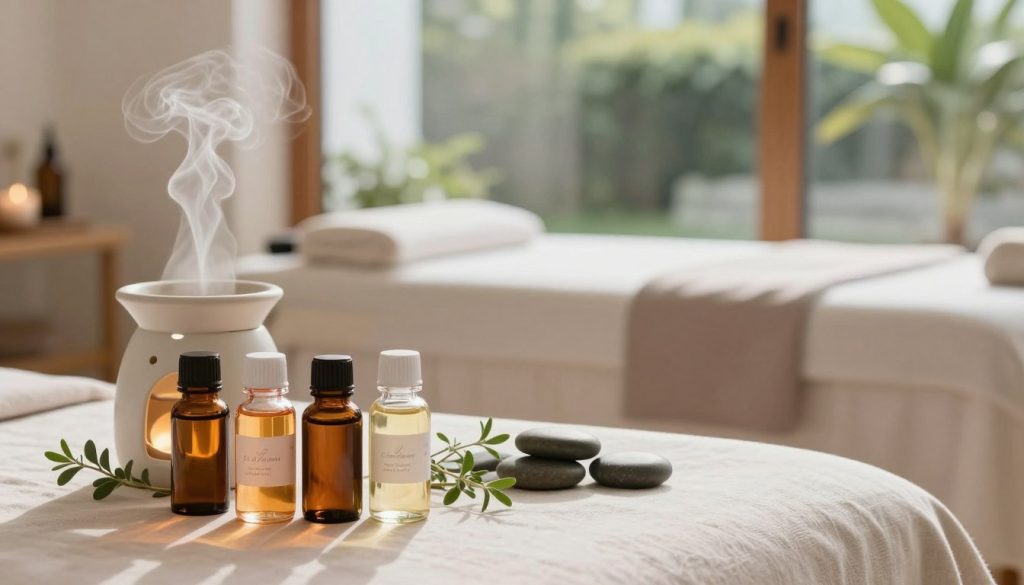 A serene aromatherapy scene, featuring an inviting massage therapy room where essential oils are artfully arranged. In the foreground, delicate glass bottles filled with vibrant essential oils reflect the light, their labels elegantly designed yet free of text. A softly diffusing oil burner emits gentle wisps of fragrant steam, creating a calming atmosphere. The middle of the image showcases a massage table adorned with neutral-toned linens, surrounded by soothing elements like smooth stones and fresh herbs. In the background, large windows reveal a tranquil garden, allowing soft natural light to flood the room, enhancing the peaceful ambiance. The overall mood is tranquil and rejuvenating, with a color palette of soft pastels and earth tones.