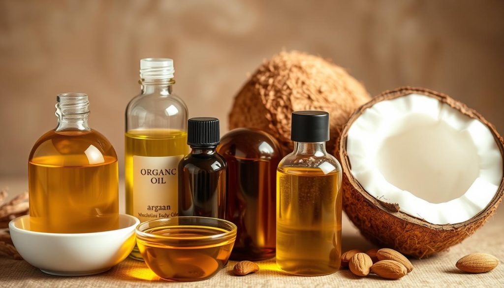 A serene arrangement of various natural body care oils, including organic argan, jojoba, coconut, and almond oils. The oils are presented in glass bottles or small bowls, with soft lighting illuminating their warm, golden hues. The overall composition exudes a sense of purity, wellness, and relaxation, inviting the viewer to imagine the nourishing and soothing properties of these natural ingredients. The background is a minimalist, earthy-toned setting, allowing the oils to take center stage and showcase their natural beauty. A serene arrangement of various natural body care oils, including organic argan, jojoba, coconut, and almond oils. The oils are presented in glass bottles or small bowls, with soft lighting illuminating their warm, golden hues. The overall composition exudes a sense of purity, wellness, and relaxation, inviting the viewer to imagine the nourishing and soothing properties of these natural ingredients. The background is a minimalist, earthy-toned setting, allowing the oils to take center stage and showcase their natural beauty.
