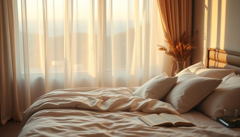 A serene bedroom bathed in soft, warm lighting. A plush, inviting bed with crisp, white bedding and fluffy pillows takes center stage. Gentle, wispy curtains flow in a calming breeze, hinting at a tranquil outdoor scene beyond. The overall atmosphere exudes a sense of relaxation and rest, with subtle details like a bedside table with a glass of water and a book creating a cozy, comforting environment. The camera angle is slightly elevated, capturing the scene from an almost bird's-eye view, emphasizing the comfort and coziness of the space. The mood is one of peaceful slumber, a soothing escape from the stresses of the day.