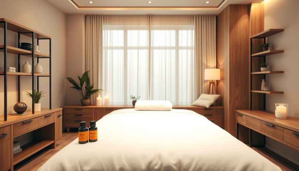 A serene boutique massage space embodying minimalism, featuring elegant wooden furnishings and soft, neutral tones. In the foreground, a neatly arranged massage table with plush white linens, complemented by a few aromatic essential oils placed artfully nearby. The middle ground showcases an ambient setting, with subtle lighting emanating from stylish lamps that cast a soft glow. Shelves hold minimalistic decor and potted plants, enhancing the calming atmosphere. In the background, large windows allow natural light to stream in, dressed with sheer curtains that filter the sunlight. The overall mood is tranquil and inviting, capturing the therapeutic value of a simple yet effective touch in massage therapy. The composition should convey a sense of peace and professionalism, inviting relaxation without any human presence or text.