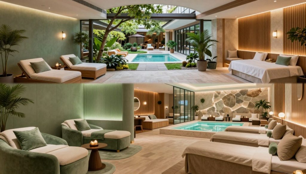 A serene comparison of luxurious spa and wellness centers in Istanbul. In the foreground, display elegant spa interiors with plush furnishings, soft lighting, and calming colors—like soothing greens and muted earth tones. The middle should feature various wellness facilities, including relaxation lounges, treatment rooms, and hydrotherapy areas, showcasing modern design elements such as glass, wood, and natural stones. In the background, depict a tranquil outdoor environment with lush greenery, soft water features, and tranquil pathways leading to the entrances of these serene destinations. The atmosphere should evoke a sense of calm, luxury, and rejuvenation, with gentle ambient lighting emphasizing the plush details of the spa environments. The composition should invite viewers into a world of relaxation and well-being, with a professional and sophisticated appearance.