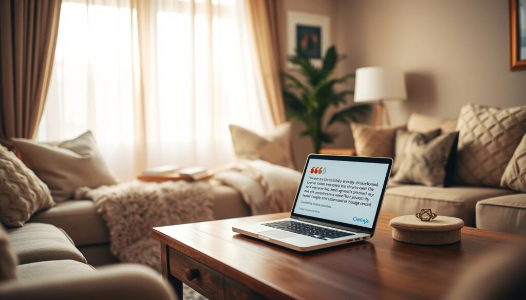 A serene, cozy living room with plush, inviting furniture. Soft, warm lighting filters through sheer curtains, casting a gentle glow. On a wooden coffee table, a laptop displays glowing customer reviews and testimonials, reflecting the business's commitment to client satisfaction. Decorative pillows and a fluffy throw blanket suggest a sense of comfort and care. The overall atmosphere evokes a welcoming, trustworthy ambiance, perfectly suited for an at-home massage service.