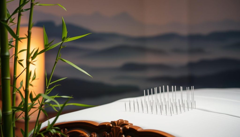A serene, dimly lit acupuncture treatment room with soft, warm lighting. A delicate bamboo plant in the foreground, its leaves gently swaying. In the middle ground, an ornate, wooden acupuncture table with clean, crisp white linens. On the table, an array of fine, metallic acupuncture needles arranged in an aesthetically pleasing pattern. The background features a tranquil, abstract landscape with soothing hues of blue and green, creating a calming atmosphere. The overall scene conveys a sense of relaxation, wellness, and the holistic, natural approach of alternative medicine. A serene, dimly lit acupuncture treatment room with soft, warm lighting. A delicate bamboo plant in the foreground, its leaves gently swaying. In the middle ground, an ornate, wooden acupuncture table with clean, crisp white linens. On the table, an array of fine, metallic acupuncture needles arranged in an aesthetically pleasing pattern. The background features a tranquil, abstract landscape with soothing hues of blue and green, creating a calming atmosphere. The overall scene conveys a sense of relaxation, wellness, and the holistic, natural approach of alternative medicine.