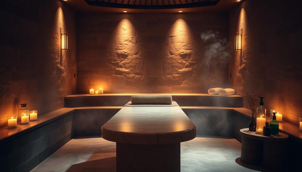 A serene, dimly lit hamam interior with a prominent marble massage table at the center. Soft lighting casts a warm, inviting glow, complemented by the natural stone textures and rich, earthy tones of the room. Steam gently rises, creating an atmosphere of relaxation and rejuvenation. A variety of traditional massage oils and tools are artfully arranged nearby, hinting at the holistic, health-focused treatments offered. The overall scene exudes a sense of tranquility and restorative wellness, perfectly capturing the benefits of an Istanbul hamam massage. A serene, dimly lit hamam interior with a prominent marble massage table at the center. Soft lighting casts a warm, inviting glow, complemented by the natural stone textures and rich, earthy tones of the room. Steam gently rises, creating an atmosphere of relaxation and rejuvenation. A variety of traditional massage oils and tools are artfully arranged nearby, hinting at the holistic, health-focused treatments offered. The overall scene exudes a sense of tranquility and restorative wellness, perfectly capturing the benefits of an Istanbul hamam massage.