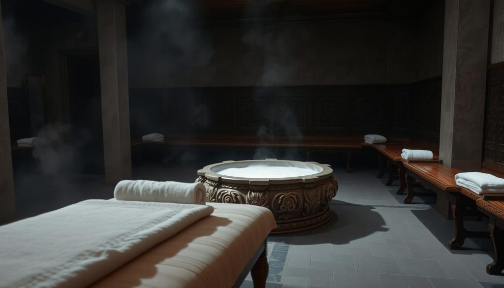 A serene, dimly-lit hamam interior, with a tiled floor and steam-filled atmosphere. In the foreground, a traditional wooden massage table is situated, adorned with fluffy white towels. The middle ground features a large, ornate marble basin filled with sudsy, foaming water, steam rising from its surface. In the background, a row of intricately-carved wooden benches line the walls, creating a sense of timeless tradition. The lighting is soft and diffused, casting a warm, inviting glow throughout the scene. The overall mood is one of tranquility, relaxation, and the fusion of ancient rituals with modern spa experiences. A serene, dimly-lit hamam interior, with a tiled floor and steam-filled atmosphere. In the foreground, a traditional wooden massage table is situated, adorned with fluffy white towels. The middle ground features a large, ornate marble basin filled with sudsy, foaming water, steam rising from its surface. In the background, a row of intricately-carved wooden benches line the walls, creating a sense of timeless tradition. The lighting is soft and diffused, casting a warm, inviting glow throughout the scene. The overall mood is one of tranquility, relaxation, and the fusion of ancient rituals with modern spa experiences.