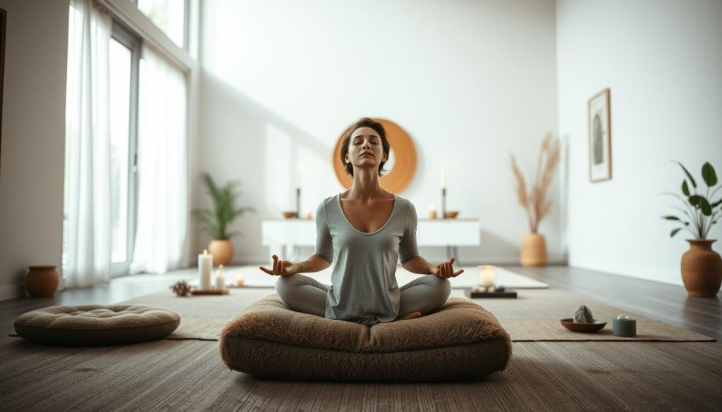 A serene, dimly lit indoor space with soft, natural lighting filtering through large windows. The foreground features a person sitting cross-legged on a plush, earthy-toned meditation cushion, their eyes closed in a state of deep contemplation. The middle ground showcases various elements that encourage holistic wellness, such as a small altar with candles, incense, and natural crystals. The background depicts a tranquil, minimalist room with neutral-colored walls and simple, elegant furnishings, creating an atmosphere of calm and introspection. The overall scene exudes a sense of balance, harmony, and the integration of mind and body. A serene, dimly lit indoor space with soft, natural lighting filtering through large windows. The foreground features a person sitting cross-legged on a plush, earthy-toned meditation cushion, their eyes closed in a state of deep contemplation. The middle ground showcases various elements that encourage holistic wellness, such as a small altar with candles, incense, and natural crystals. The background depicts a tranquil, minimalist room with neutral-colored walls and simple, elegant furnishings, creating an atmosphere of calm and introspection. The overall scene exudes a sense of balance, harmony, and the integration of mind and body.