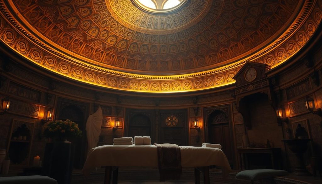 A serene, dimly lit interior of an ancient Turkish bath house, or "Hamam", in Istanbul. The ornate, domed ceiling casts a warm, golden glow over the intricate tile work and ornate architectural details. In the foreground, a massage table stands prominently, adorned with traditional textiles and surrounded by assorted massage oils, herbs, and therapeutic tools. The atmosphere evokes a sense of timeless tradition, wellness, and cultural heritage, capturing the essence of Istanbul's storied history of therapeutic massage practices. A serene, dimly lit interior of an ancient Turkish bath house, or "Hamam", in Istanbul. The ornate, domed ceiling casts a warm, golden glow over the intricate tile work and ornate architectural details. In the foreground, a massage table stands prominently, adorned with traditional textiles and surrounded by assorted massage oils, herbs, and therapeutic tools. The atmosphere evokes a sense of timeless tradition, wellness, and cultural heritage, capturing the essence of Istanbul's storied history of therapeutic massage practices.