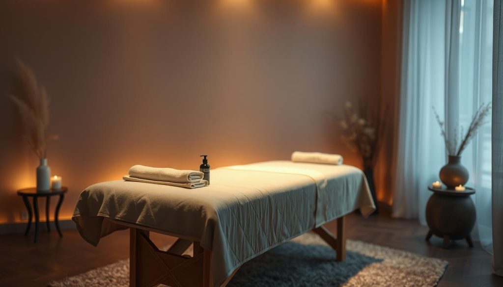 A serene, dimly lit massage studio in Istanbul, featuring a tranquil scene of a well-appointed table surrounded by soothing, earthy tones. Diffused lighting casts a warm, therapeutic glow, creating an atmosphere of relaxation and rejuvenation. The table is adorned with high-quality linens and an array of massage oils and tools, hinting at the specialized expertise of the therapist. The background is softly blurred, placing the focus on the table and its accoutrements, conveying the professionalism and attention to detail of the massage practice.
