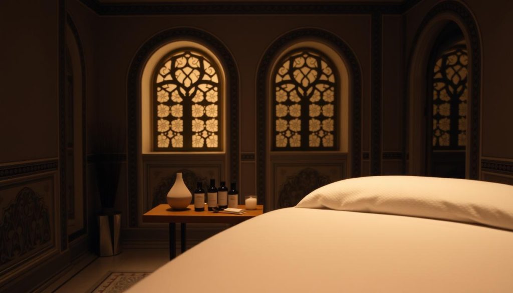 A serene, dimly lit massage studio in Istanbul, with soft ambient lighting and soothing neutral tones. In the foreground, a plush, inviting massage table, its crisp linens and cozy pillows beckoning. The middle ground features a selection of artisanal massage oils and tools, carefully arranged on a sleek, wooden side table. The background showcases the elegant, Ottoman-inspired architecture, with intricate tile work and ornate arched windows that create a sense of timeless luxury. An atmosphere of tranquility and relaxation pervades the scene, hinting at the restorative benefits of the professional massage services available in this vibrant city.