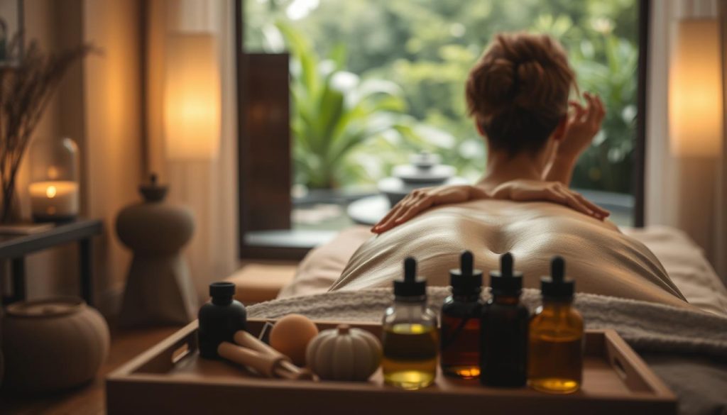 A serene, dimly lit massage studio with soft lighting and a soothing, earthy color palette. In the foreground, a massage therapist's hands expertly manipulate the muscles of a client's back, using a combination of gentle strokes, kneading, and deep tissue techniques. The middle ground showcases various massage tools and oils, neatly arranged on a wooden tray. In the background, a tranquil, natural scene with lush greenery and a calming water feature creates a peaceful, restorative atmosphere. The overall mood is one of relaxation, rejuvenation, and a deep connection between the masseuse and the client. A serene, dimly lit massage studio with soft lighting and a soothing, earthy color palette. In the foreground, a massage therapist's hands expertly manipulate the muscles of a client's back, using a combination of gentle strokes, kneading, and deep tissue techniques. The middle ground showcases various massage tools and oils, neatly arranged on a wooden tray. In the background, a tranquil, natural scene with lush greenery and a calming water feature creates a peaceful, restorative atmosphere. The overall mood is one of relaxation, rejuvenation, and a deep connection between the masseuse and the client.