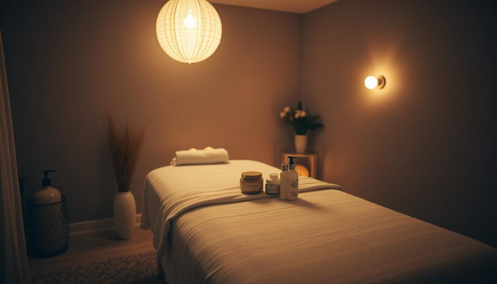 A serene, dimly-lit massage studio with soft, warm lighting illuminating a cozy, personalized treatment area. A plush massage table is set with clean, crisp linens and an array of therapeutic oils and lotions. The environment radiates a sense of tranquility and comfort, inviting the viewer to imagine themselves indulging in a tailored, restorative massage experience. The scene is captured from a slightly elevated perspective, emphasizing the attention to detail and the calming ambiance created for the individual's wellbeing. A serene, dimly-lit massage studio with soft, warm lighting illuminating a cozy, personalized treatment area. A plush massage table is set with clean, crisp linens and an array of therapeutic oils and lotions. The environment radiates a sense of tranquility and comfort, inviting the viewer to imagine themselves indulging in a tailored, restorative massage experience. The scene is captured from a slightly elevated perspective, emphasizing the attention to detail and the calming ambiance created for the individual's wellbeing.
