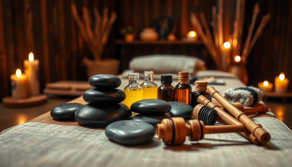 A serene, dimly lit massage studio with warm, earthy tones. Various massage tools and oils neatly arranged on a wooden table, including smooth river stones, fragrant essential oils, and traditional bamboo massagers. Soft lighting from scented candles creates a relaxing ambiance, casting gentle shadows across the scene. The camera angle provides a close-up, close-up view, emphasizing the details and textures of the massage equipment. An overall atmosphere of tranquility and wellness pervades the image, reflecting the soothing and therapeutic nature of the massage techniques described in the article.