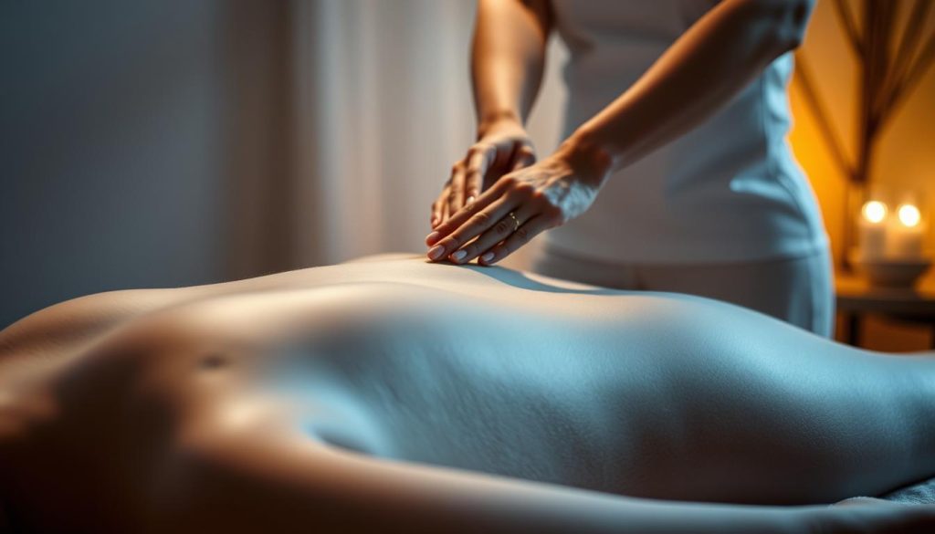A serene, dimly lit massage studio. A therapist's skilled hands gently manipulate the lymphatic system, guiding the flow of lymphatic fluid. Soft, diffused lighting casts a warm, soothing glow, creating an atmosphere of relaxation and healing. The subject's body is depicted in delicate shades of gray and blue, highlighting the elegant lines and contours. The background is blurred, placing the focus entirely on the calming, therapeutic experience of the lymphatic drainage massage. The scene evokes a sense of tranquility, wellness, and the revitalization of the body's natural defenses.