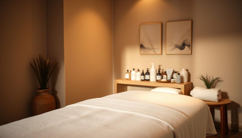 A serene, dimly lit massage therapy room with warm lighting and soft shadows. In the foreground, a massage table with crisp white linens and plush pillows. In the middle ground, various massage oils, lotions, and tools neatly arranged on a wooden side table. The background features soothing, neutral-toned walls with minimalist artwork, creating a calming and therapeutic atmosphere. The scene conveys a sense of tranquility and relaxation, perfectly capturing the process and stages of medical massage.