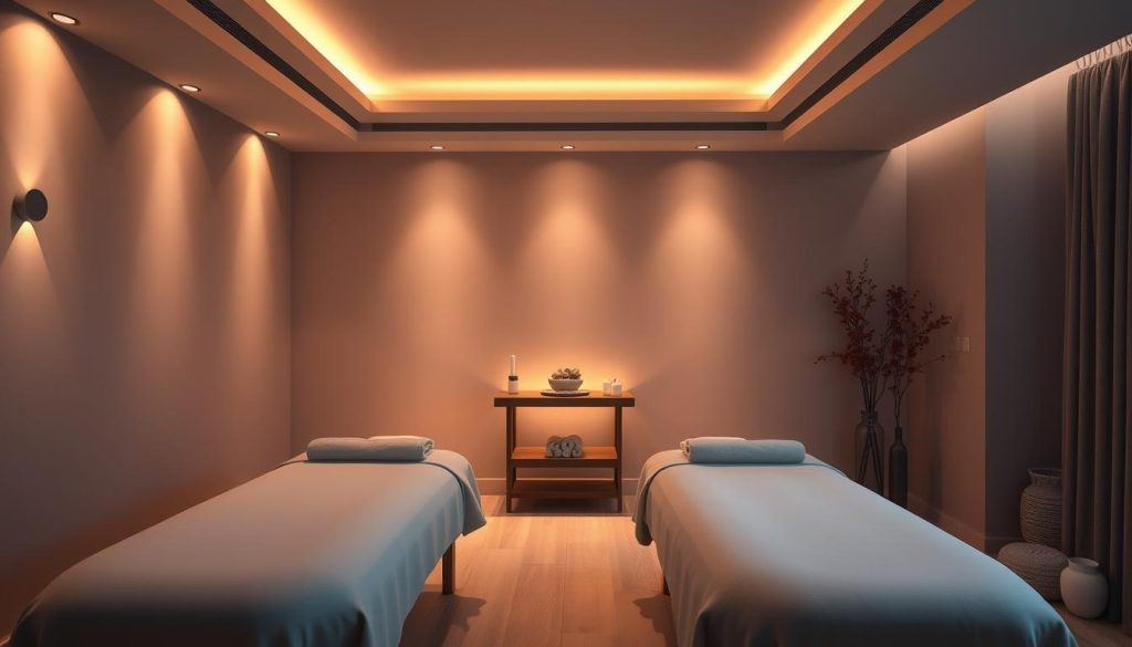 A serene, dimly lit massage therapy studio in Istanbul, Turkey. Soft, warm lighting emanates from recessed wall fixtures, casting a calming glow over the minimalist, natural-toned decor. Smooth, rounded massage tables stand at the center, inviting visitors to indulge in rejuvenating treatments. The atmosphere radiates a sense of tranquility and relaxation, with muted earth tones and clean, uncluttered lines. A subtle aroma of essential oils permeates the air, heightening the sensory experience. The space exudes an ambiance of professionalism and expertise, hinting at the skilled massage therapists who provide their services within.