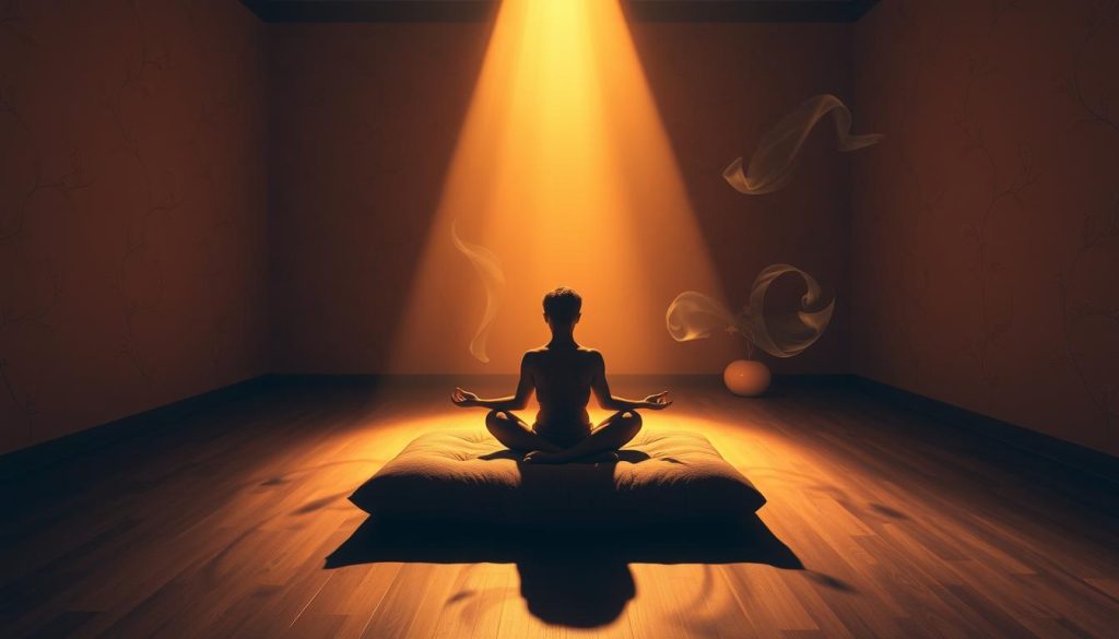 A serene, dimly lit room bathed in warm, soft lighting. In the center, a person sits cross-legged on a plush cushion, eyes closed in deep meditation. Wispy trails of incense curl through the air, mingling with the gentle strains of soothing, ambient music that fills the space. The walls are adorned with delicate, organic patterns, creating a calming, nature-inspired atmosphere. Shadows dance across the floor, giving the scene an almost dreamlike quality. The overall mood is one of tranquility, introspection, and a profound connection between the mind, body, and spirit.