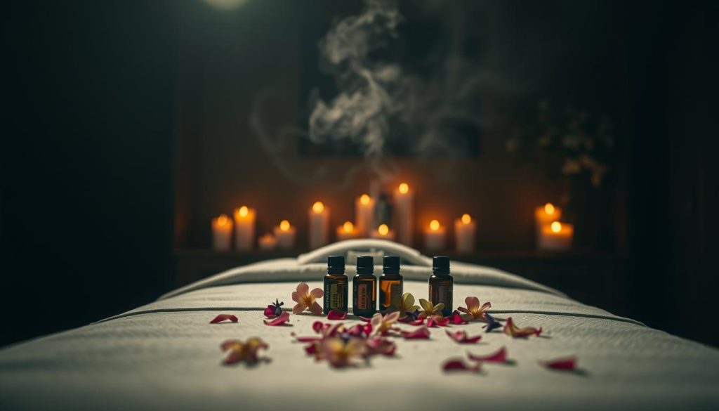 A serene, dimly lit room filled with the warm glow of candles. On a massage table, essential oils diffuse their calming scents, as delicate flower petals are strewn across the surface. Soft, muted lighting casts a soothing ambiance, while a gentle steam mist hovers in the air, creating a tranquil, therapeutic atmosphere. The camera angle is low, capturing the scene from a relaxed, immersive perspective, inviting the viewer to experience the restorative power of the aromatherapy massage. A serene, dimly lit room filled with the warm glow of candles. On a massage table, essential oils diffuse their calming scents, as delicate flower petals are strewn across the surface. Soft, muted lighting casts a soothing ambiance, while a gentle steam mist hovers in the air, creating a tranquil, therapeutic atmosphere. The camera angle is low, capturing the scene from a relaxed, immersive perspective, inviting the viewer to experience the restorative power of the aromatherapy massage.