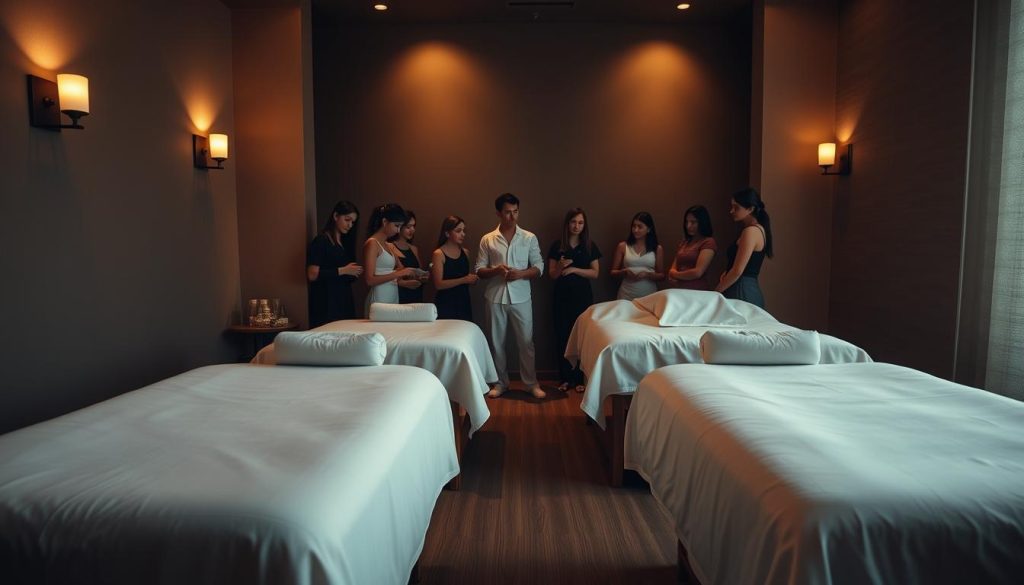 A serene, dimly lit room showcases a masseuse's training session. Plush massage tables occupy the foreground, draped in crisp, white linens. Soft, warm lighting from sconces casts a soothing glow, creating an intimate, calming atmosphere. In the middle ground, a group of students observe intently, taking notes as the instructor demonstrates proper massage techniques on a model. The background features muted, earthy tones, with subtle textures on the walls suggesting a high-end, boutique spa setting. Attention to detail is paramount, capturing the tranquility and professionalism of a specialized massage education.