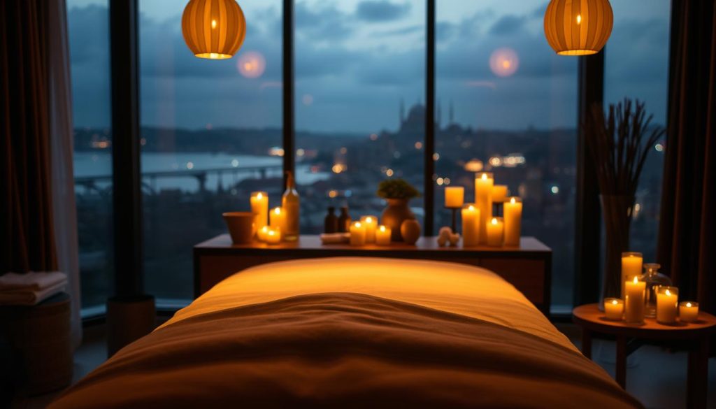 A serene, dimly lit room where soft lighting casts a warm, inviting glow. In the foreground, a plush massage table draped in luxurious fabrics, its surface awaiting the skilled touch of a masseuse. The mid-ground features an array of soothing, fragrant oils and candles, their flickering flames adding to the tranquil ambiance. The background showcases a tranquil cityscape, the distant skyline of Istanbul visible through large windows, hinting at the location of this special, hidden oasis of relaxation and rejuvenation. A serene, dimly lit room where soft lighting casts a warm, inviting glow. In the foreground, a plush massage table draped in luxurious fabrics, its surface awaiting the skilled touch of a masseuse. The mid-ground features an array of soothing, fragrant oils and candles, their flickering flames adding to the tranquil ambiance. The background showcases a tranquil cityscape, the distant skyline of Istanbul visible through large windows, hinting at the location of this special, hidden oasis of relaxation and rejuvenation.