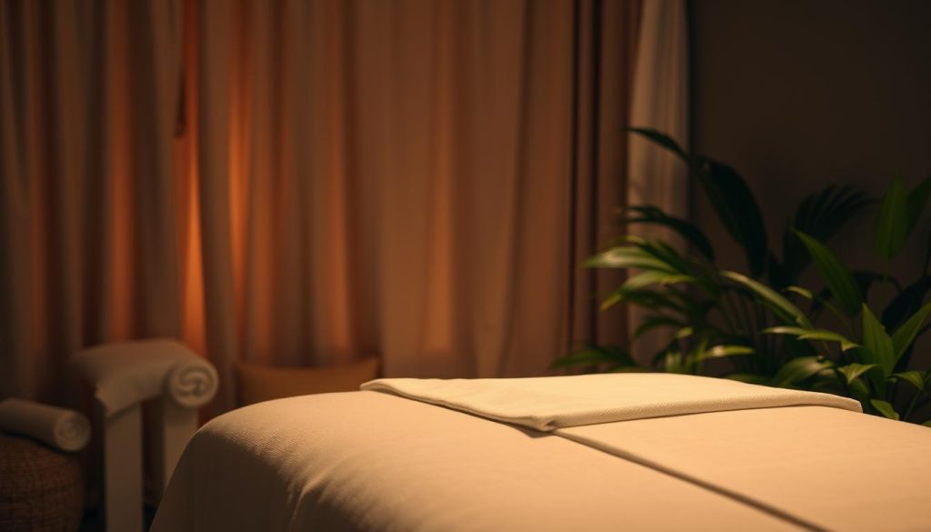 A serene, dimly lit room with plush fabrics and soothing textures. Warm, soft lighting casts a gentle glow, setting a tranquil, spa-like atmosphere. In the foreground, a luxurious massage table adorned with crisp, white linens awaits, inviting the viewer to indulge in a personalized, rejuvenating experience. Lush, verdant plants and calming, natural elements accent the scene, creating a soothing, restorative ambiance. The overall composition evokes a sense of relaxation, comfort, and an escape from the everyday, perfectly capturing the essence of a tailored, indulgent massage session. A serene, dimly lit room with plush fabrics and soothing textures. Warm, soft lighting casts a gentle glow, setting a tranquil, spa-like atmosphere. In the foreground, a luxurious massage table adorned with crisp, white linens awaits, inviting the viewer to indulge in a personalized, rejuvenating experience. Lush, verdant plants and calming, natural elements accent the scene, creating a soothing, restorative ambiance. The overall composition evokes a sense of relaxation, comfort, and an escape from the everyday, perfectly capturing the essence of a tailored, indulgent massage session.