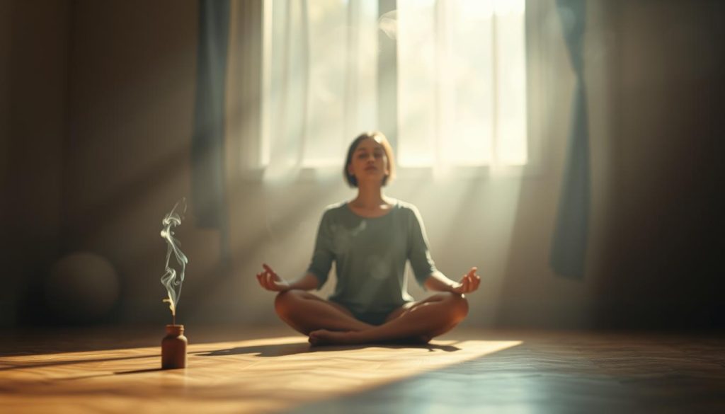 A serene, dimly lit room with soft, natural lighting. A person sitting cross-legged on the floor, their eyes closed in a meditative pose. Wisps of smoke from a burning incense stick drift lazily through the air, creating a calming atmosphere. The background is hazy, blurred, and blends seamlessly with the warm, earthy tones of the room. The overall mood is one of tranquility, introspection, and mindfulness. A serene, dimly lit room with soft, natural lighting. A person sitting cross-legged on the floor, their eyes closed in a meditative pose. Wisps of smoke from a burning incense stick drift lazily through the air, creating a calming atmosphere. The background is hazy, blurred, and blends seamlessly with the warm, earthy tones of the room. The overall mood is one of tranquility, introspection, and mindfulness.