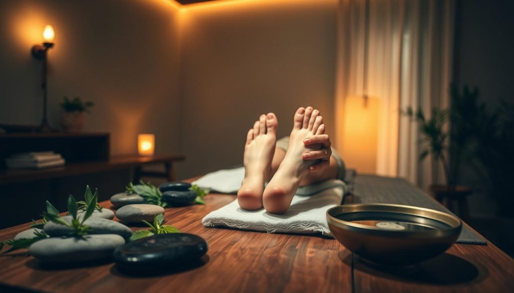 A serene, dimly lit room with soft, warm lighting casting a cozy glow. The focus is on a wooden table with various natural elements, including smooth river stones, fresh herbs, and a tranquil bowl of water. In the center, a person's feet are visible, receiving a gentle reflexology massage, the practitioner's hands delicately working the pressure points. The scene evokes a sense of relaxation, balance, and holistic well-being, capturing the essence of "Refleksoloji Masajı ile Vücut Dengesi".