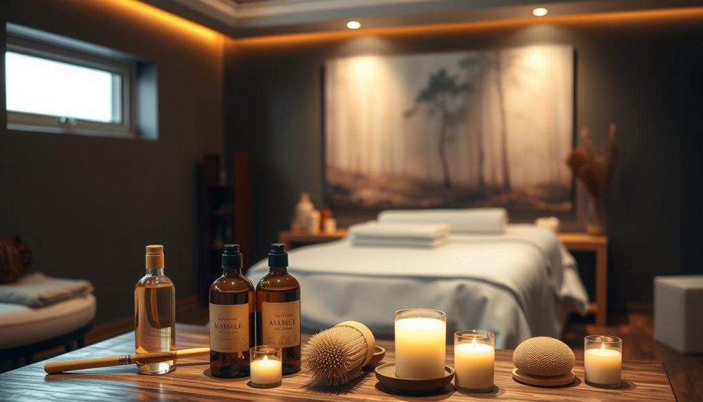 A serene, dimly-lit room with soft, warm lighting casting a gentle glow. In the foreground, an assortment of natural massage oils, brushes, and aromatherapy candles are arranged on a wooden table. Behind them, a massage table, covered in crisp white linens, stands invitingly. In the background, a soothing landscape painting or mural depicts a tranquil forest scene, creating a calming atmosphere. The overall scene conveys a sense of luxurious relaxation and well-being, reflecting the artful techniques and holistic approach of boutique massage therapy.
