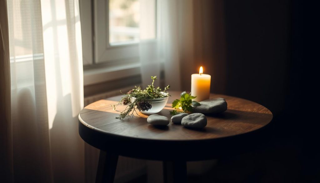 A serene, dimly lit room with soft, warm lighting filtering in through a window, casting a gentle glow on a simple, wooden table. On the table, a variety of natural elements are arranged with care - a small bowl of freshly harvested herbs, a few smooth river stones, and a single, unlit candle. The atmosphere is one of quiet contemplation and introspection, inviting the viewer to pause and engage in the restorative practice of "şifa orucu", or the healing fast. A serene, dimly lit room with soft, warm lighting filtering in through a window, casting a gentle glow on a simple, wooden table. On the table, a variety of natural elements are arranged with care - a small bowl of freshly harvested herbs, a few smooth river stones, and a single, unlit candle. The atmosphere is one of quiet contemplation and introspection, inviting the viewer to pause and engage in the restorative practice of "şifa orucu", or the healing fast.