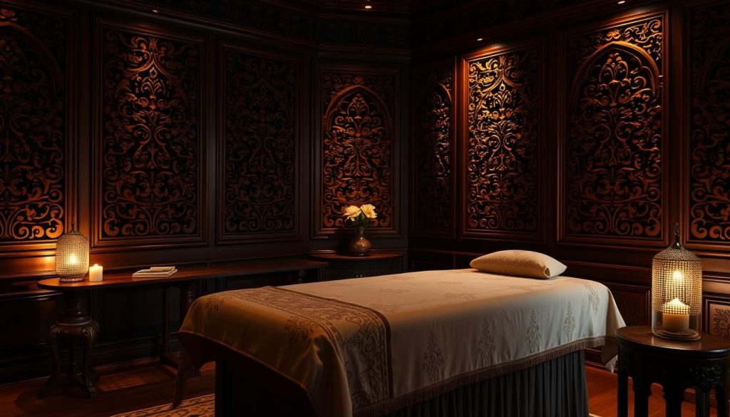 A serene, dimly lit spa room with intricately carved wooden panels adorning the walls, reflecting the rich heritage of the Ottoman Empire. Soft, ambient lighting casts a warm glow, setting the mood for a luxurious massage experience. In the foreground, a traditional Ottoman-style massage table, adorned with plush, embroidered fabrics, awaits the client. Delicate, ornate details on the table and surrounding furniture evoke the opulence of the era. The overall atmosphere is one of tranquility, history, and the skilled touch of the masseuse, transporting the viewer to the heart of Istanbul's storied massage traditions. A serene, dimly lit spa room with intricately carved wooden panels adorning the walls, reflecting the rich heritage of the Ottoman Empire. Soft, ambient lighting casts a warm glow, setting the mood for a luxurious massage experience. In the foreground, a traditional Ottoman-style massage table, adorned with plush, embroidered fabrics, awaits the client. Delicate, ornate details on the table and surrounding furniture evoke the opulence of the era. The overall atmosphere is one of tranquility, history, and the skilled touch of the masseuse, transporting the viewer to the heart of Istanbul's storied massage traditions.
