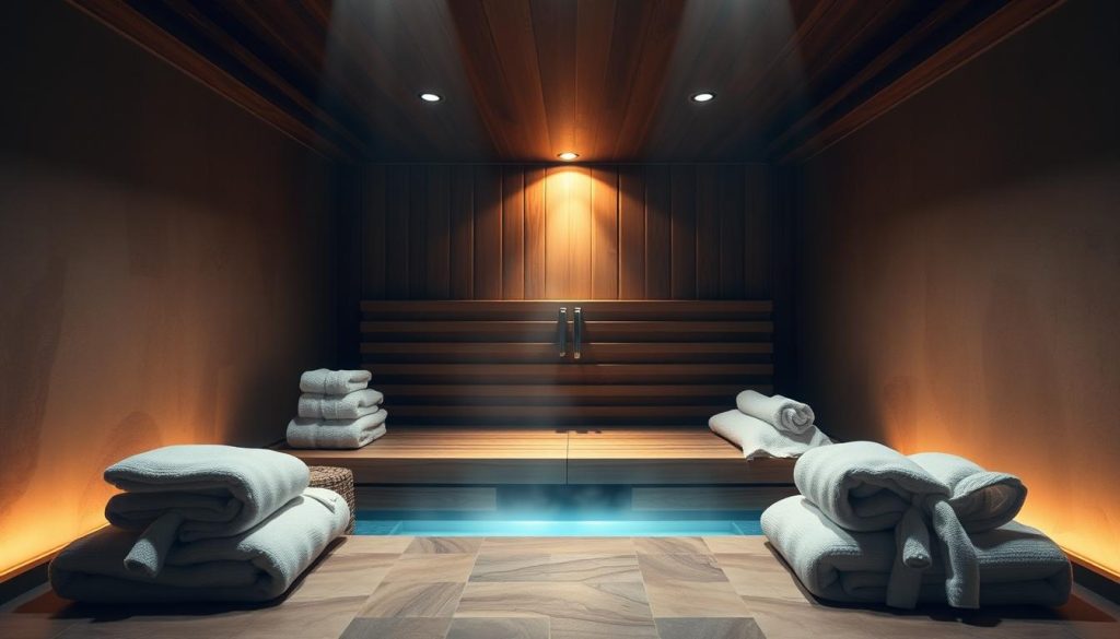 A serene, dimly-lit spa setting with a wooden sauna in the center, steam gently rising. Soft, ambient lighting casts a warm, relaxing glow, accentuating the natural textures of the space. Plush towels and robes are neatly arranged, inviting visitors to indulge in a luxurious, rejuvenating experience. The background features soothing, earthy tones and subtle, abstract patterns, creating a calming, spa-like atmosphere. The composition is balanced, with the sauna as the focal point, surrounded by complementary elements that enhance the overall sense of tranquility and well-being. A serene, dimly-lit spa setting with a wooden sauna in the center, steam gently rising. Soft, ambient lighting casts a warm, relaxing glow, accentuating the natural textures of the space. Plush towels and robes are neatly arranged, inviting visitors to indulge in a luxurious, rejuvenating experience. The background features soothing, earthy tones and subtle, abstract patterns, creating a calming, spa-like atmosphere. The composition is balanced, with the sauna as the focal point, surrounded by complementary elements that enhance the overall sense of tranquility and well-being.
