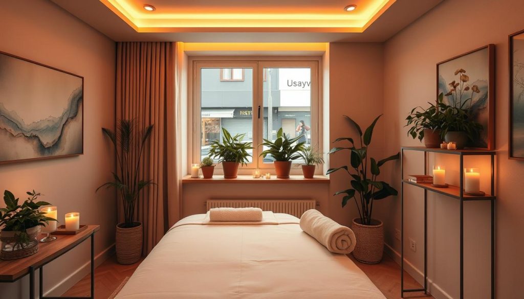 A serene, elegantly appointed massage therapy room in Kadıköy, Istanbul. Warm, diffuse lighting illuminates the space, creating a calming, spa-like ambiance. In the foreground, a plush massage table with crisp, white linens awaits. Aromatic candles flicker on a side table, their soft glow complementing the soothing palette of earthy tones. Lush potted plants adorn the shelves, bringing a touch of nature indoors. The walls are adorned with muted, abstract artwork, adding to the tranquil atmosphere. A large window offers a glimpse of the bustling Kadıköy street outside, providing a sense of balance and connection to the community.