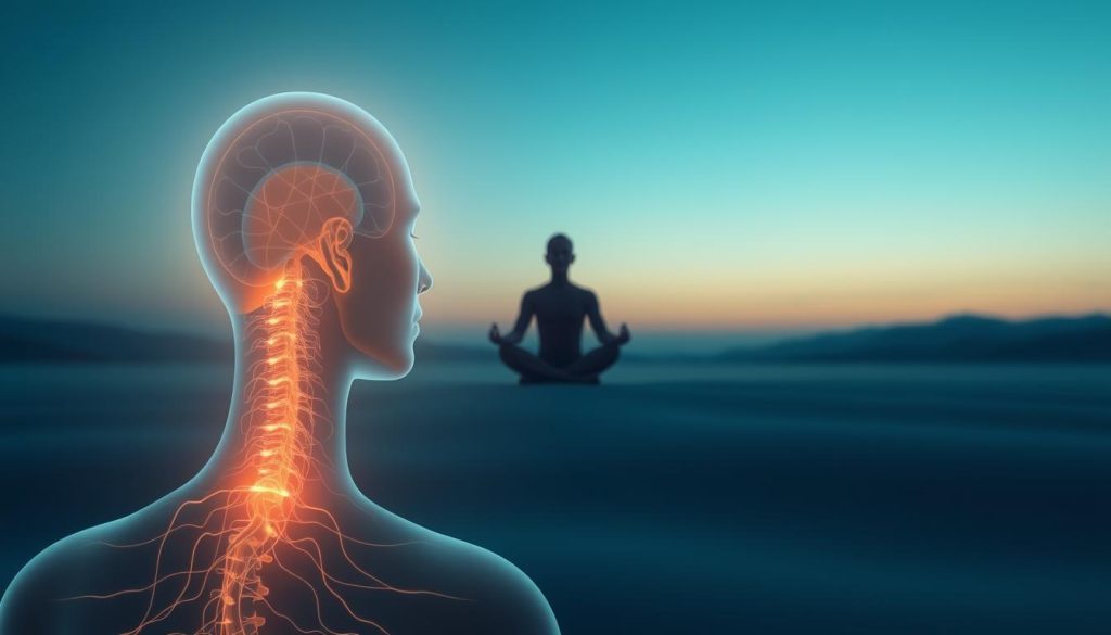 A serene, ethereal scene depicting the activation of the vagus nerve. In the foreground, a glowing, pulsing energy emanates from the base of the skull, radiating down the spine. Soft, diffuse lighting casts a tranquil glow, highlighting the intricate network of nerve pathways. In the middle ground, a meditative figure sits cross-legged, eyes closed, deeply immersed in a state of mindfulness. The background features a serene, minimalist landscape, with calming hues of blue and green, evoking a sense of inner peace and balance. The overall atmosphere is one of deep relaxation, introspection, and the harmonious connection between mind and body. A serene, ethereal scene depicting the activation of the vagus nerve. In the foreground, a glowing, pulsing energy emanates from the base of the skull, radiating down the spine. Soft, diffuse lighting casts a tranquil glow, highlighting the intricate network of nerve pathways. In the middle ground, a meditative figure sits cross-legged, eyes closed, deeply immersed in a state of mindfulness. The background features a serene, minimalist landscape, with calming hues of blue and green, evoking a sense of inner peace and balance. The overall atmosphere is one of deep relaxation, introspection, and the harmonious connection between mind and body.