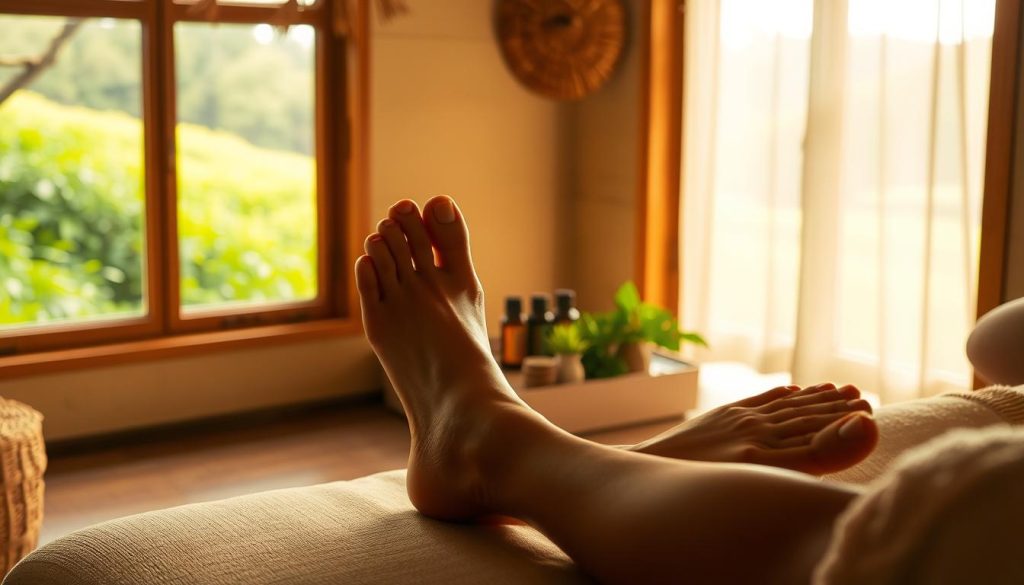 A serene foot reflexology scene set in a tranquil, dimly lit spa environment. The foreground features a pair of feet resting on a wooden foot massage table, with the therapist's hands gently working on pressure points. Soft, natural lighting casts a warm, soothing glow, creating an atmosphere of relaxation and rejuvenation. In the middle ground, essential oils and calming herbs are arranged, symbolizing the holistic benefits of reflexology. The background depicts a lush, verdant landscape through a window, conveying a sense of harmony and connection with nature. The overall tone is one of balance, healing, and the restoration of energy flow.
