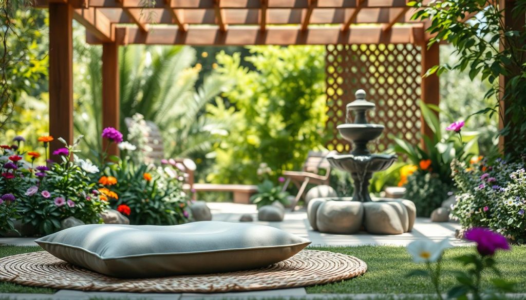 A serene garden oasis, bathed in soft, natural light. In the foreground, a tranquil meditation cushion sits atop a natural fiber mat, inviting the viewer to pause and find inner calm. Surrounding the cushion, an array of fragrant flowers and lush greenery create a soothing, therapeutic atmosphere. In the middle ground, a contemplative stone fountain gently cascades, its rhythmic flow symbolizing the ebb and flow of the mind. In the distance, a wooden pergola frames the scene, its intricate lattice casting dappled shadows that dance across the garden. The overall composition exudes a sense of balance, harmony, and a respite from the stresses of the outside world.