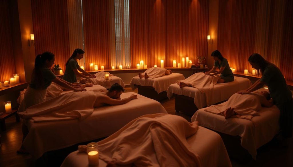 A serene group massage session in a warm, dimly lit spa. Soft candlelight flickers, casting a soothing glow. Plush massage tables are arranged in a harmonious semicircle, inviting guests to relax and unwind. Scented oils and fragrant candles create a tranquil ambiance, lulling the senses. Skilled therapists move in synchronized motions, their expert touch melting away tension and stress. Clients' faces are serene, bodies at ease, as they bask in the restorative power of collaborative bodywork. A sense of camaraderie and shared wellness permeates the space, elevating the group experience.