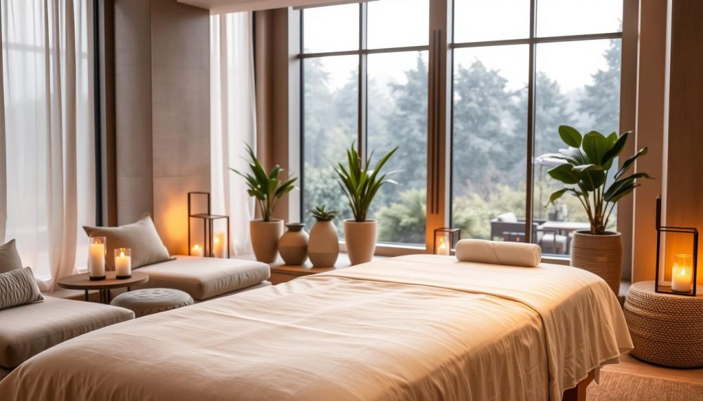 A serene, high-end spa setting with plush, cozy furnishings and soothing natural elements. Soft, diffused lighting casts a warm, relaxing glow over the space. In the foreground, a luxurious treatment table with clean, crisp linens invites the viewer to imagine indulging in a rejuvenating massage or body treatment. The middle ground features elegant, modern decor - potted plants, candles, and a sleek, minimalist design aesthetic. The background showcases a calming, nature-inspired vista, perhaps a serene garden or forest view through large windows, evoking a sense of tranquility and escape. The overall atmosphere exudes an ambiance of pampering, relaxation, and well-being.