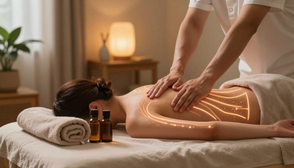 A serene home environment showcasing a calming massage setup, emphasizing the concept of circulation support through massage. In the foreground, a plush massage table adorned with soft towels and essential oil bottles. The middle ground presents a pair of hands performing a gentle massage on a human silhouette, illustrated with glowing energy lines radiating outward to symbolize improved circulation. In the background, a softly lit room with warm, inviting colors, including plants and ambient lighting, contributing to a peaceful atmosphere. The scene is captured in warm, diffused lighting to evoke a sense of tranquility and care, highlighting the therapeutic nature of home massage practices for circulation enhancement. A serene home environment showcasing a calming massage setup, emphasizing the concept of circulation support through massage. In the foreground, a plush massage table adorned with soft towels and essential oil bottles. The middle ground presents a pair of hands performing a gentle massage on a human silhouette, illustrated with glowing energy lines radiating outward to symbolize improved circulation. In the background, a softly lit room with warm, inviting colors, including plants and ambient lighting, contributing to a peaceful atmosphere. The scene is captured in warm, diffused lighting to evoke a sense of tranquility and care, highlighting the therapeutic nature of home massage practices for circulation enhancement.