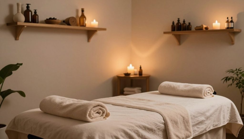 A serene interior of a massage room showcasing the concept of "closest massage" with inviting elements. In the foreground, a plush massage table adorned with soft towels and aromatic essential oils creates a calm atmosphere. In the middle, a warm, soothing light from candles casts gentle reflections on the walls, which are painted in soft, neutral tones to enhance tranquility. In the background, shelves lined with various massage tools and healing herbs provide a sense of professionalism and warmth. A peaceful ambiance is emphasized by natural elements like indoor plants subtly placed around the room. Capture this scene from a slight angle to highlight the inviting and relaxing environment, evoking a sense of comfort and accessibility. A serene interior of a massage room showcasing the concept of "closest massage" with inviting elements. In the foreground, a plush massage table adorned with soft towels and aromatic essential oils creates a calm atmosphere. In the middle, a warm, soothing light from candles casts gentle reflections on the walls, which are painted in soft, neutral tones to enhance tranquility. In the background, shelves lined with various massage tools and healing herbs provide a sense of professionalism and warmth. A peaceful ambiance is emphasized by natural elements like indoor plants subtly placed around the room. Capture this scene from a slight angle to highlight the inviting and relaxing environment, evoking a sense of comfort and accessibility.