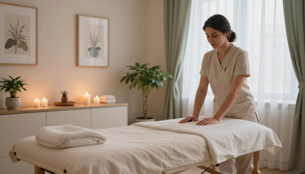 A serene interior scene depicting a professional massage therapy room in Istanbul that caters to English-speaking clients. In the foreground, an elegant massage table adorned with soft, neutral-colored linens and a few aromatic candles emitting a warm glow. The middle layer features soothing elements like potted plants and calming artwork on the walls, creating a tranquil atmosphere. The background showcases a large window with sheer drapes allowing soft natural light to filter in, enhancing the peaceful ambiance. The overall color palette is soft and inviting, with shades of beige, cream, and light green, promoting relaxation and comfort. The image conveys a sense of professionalism and serenity, ideal for showcasing the services of English-speaking massage therapists in this vibrant city.